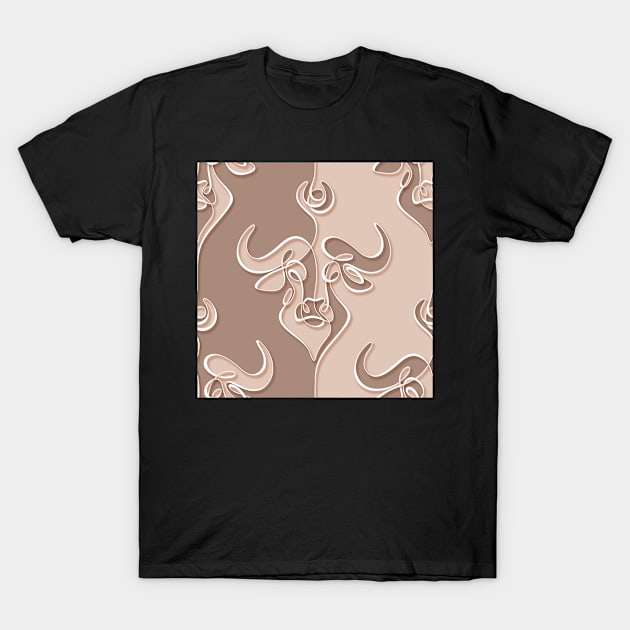 Minimalistic Continuous Line Bull Portrait with 3d effect (dusty rose and tan colorblock) T-Shirt by lissantee